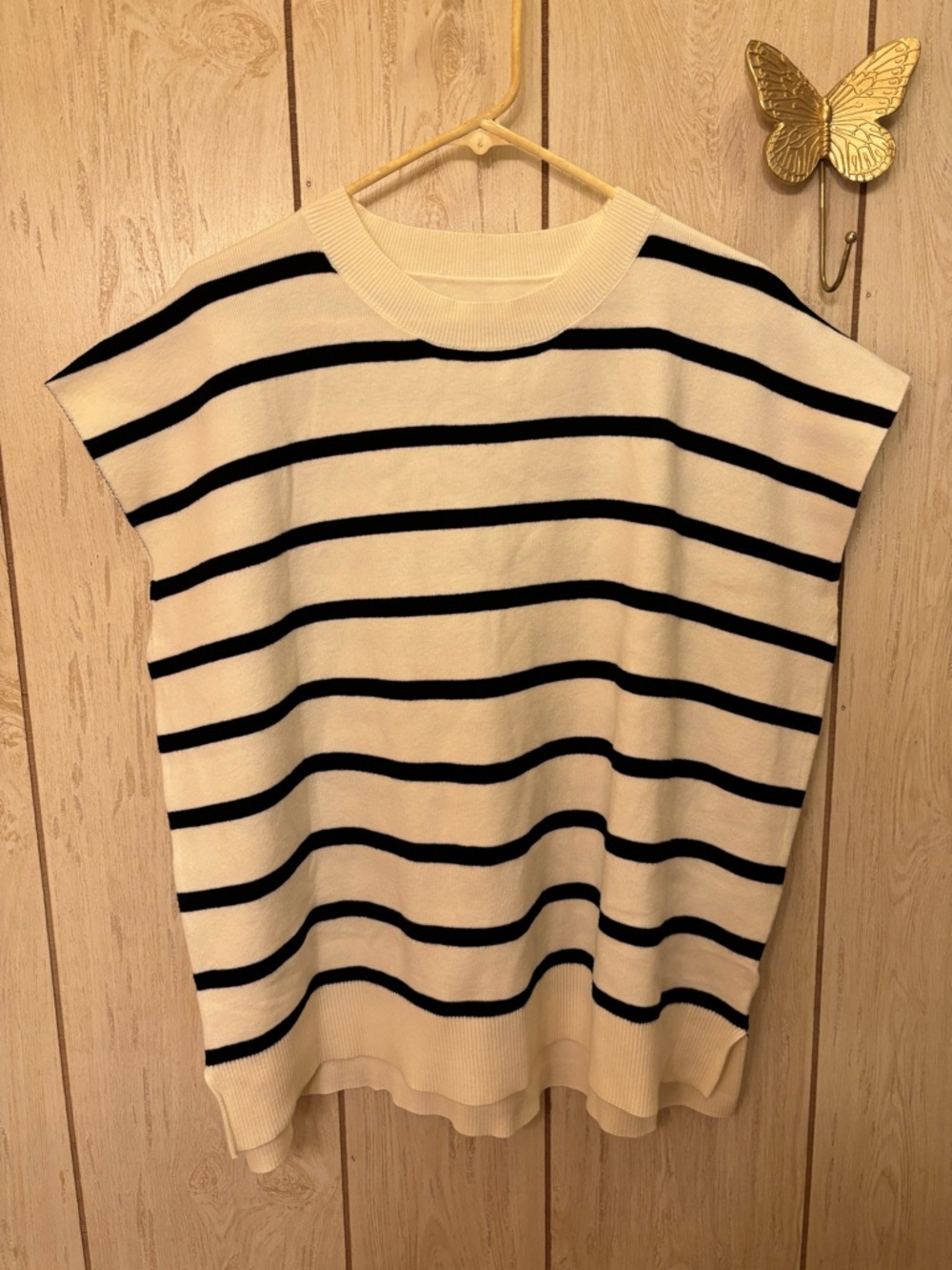 Cream and Black Striped Knit Top - Casual Women's sweater